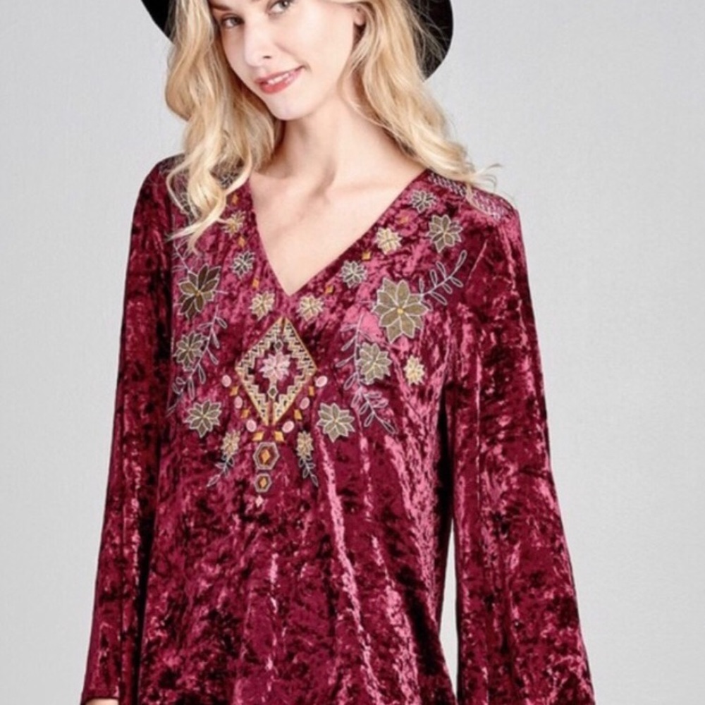 3/$30 Cranberry Bohemian Crushed Velvet Top - Picture 2 of 8